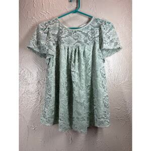 Green Envelope Blouse‎ Womens Green Lace Button Short Sleeve Round Neck Small